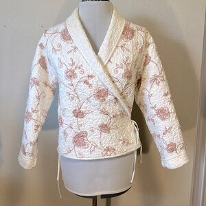 Damask England quilted embroidered wrap jacket pink flowers on white good used